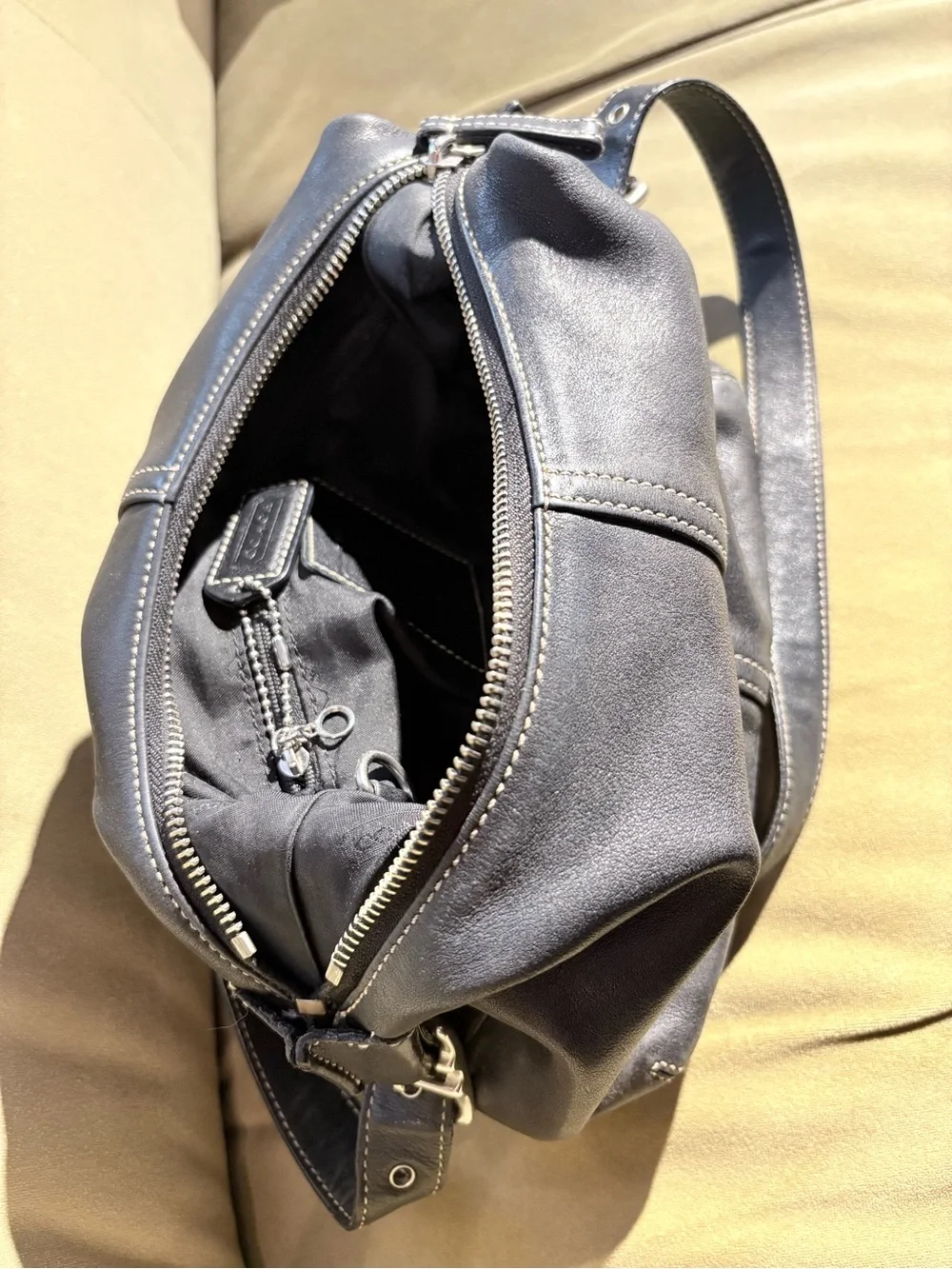 COACH Medium Hobo Leather Shoulder Crossbody Bag in Black with Silver Hardware